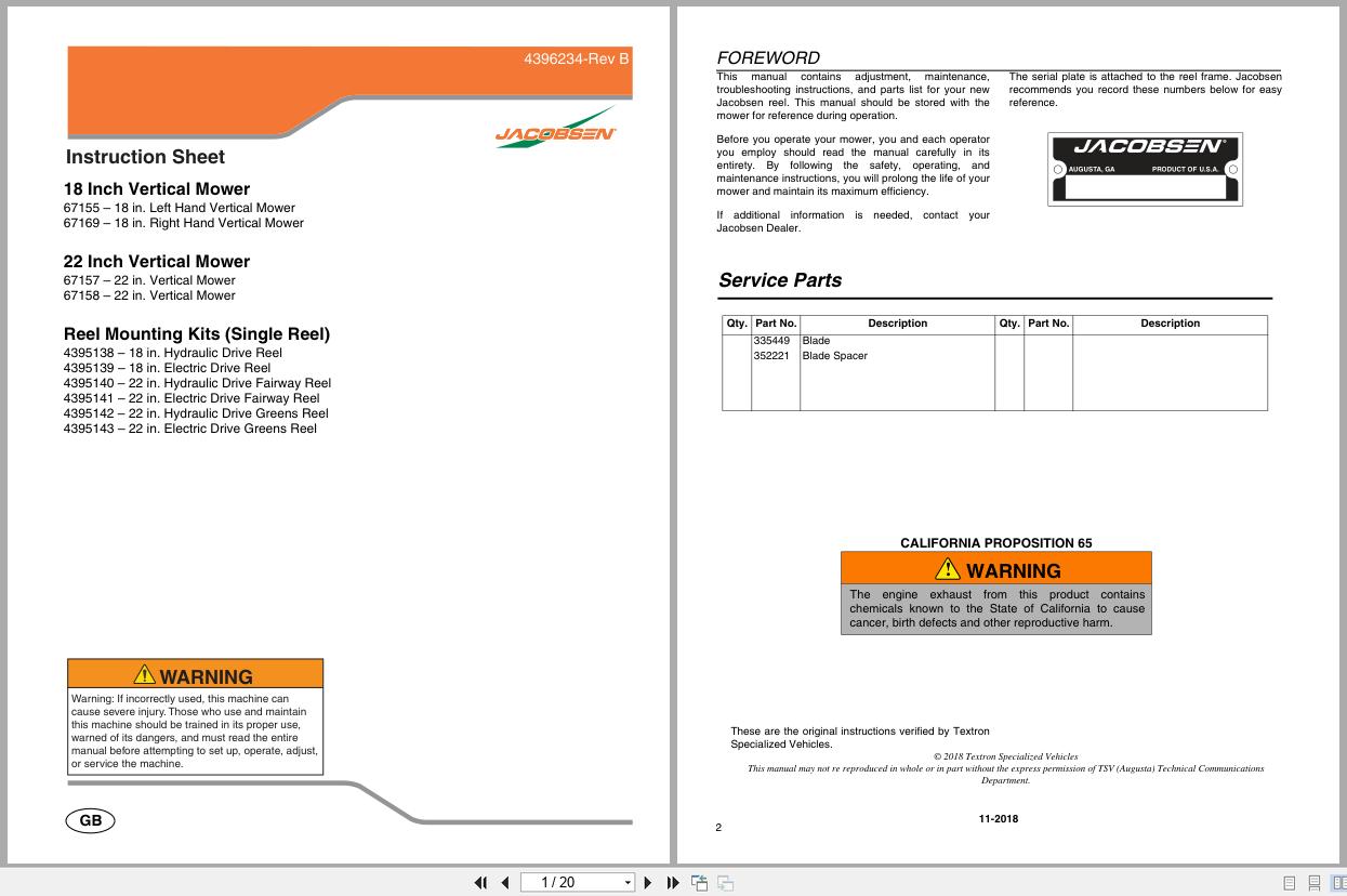 Jacobsen Mower SLF530 Reel Mounting Kits Instruction Sheet 4396234 B 2018 (1)
