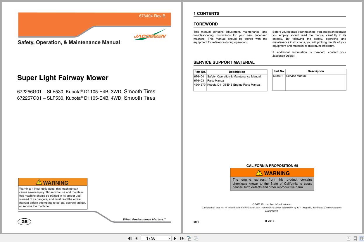Jacobsen Mower SLF530 Safety Operation Maintenance Manual 676404 B 2018 (1)