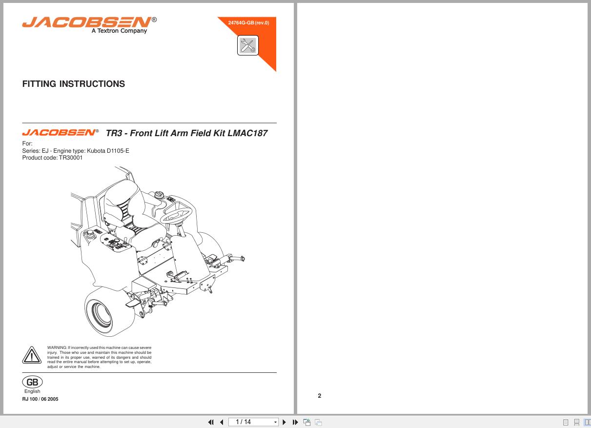 Jacobsen Mower TR 3 Front Lift Arm Field Kit LMAC187 Fitting Instructions 24764G GB 2005 (1)