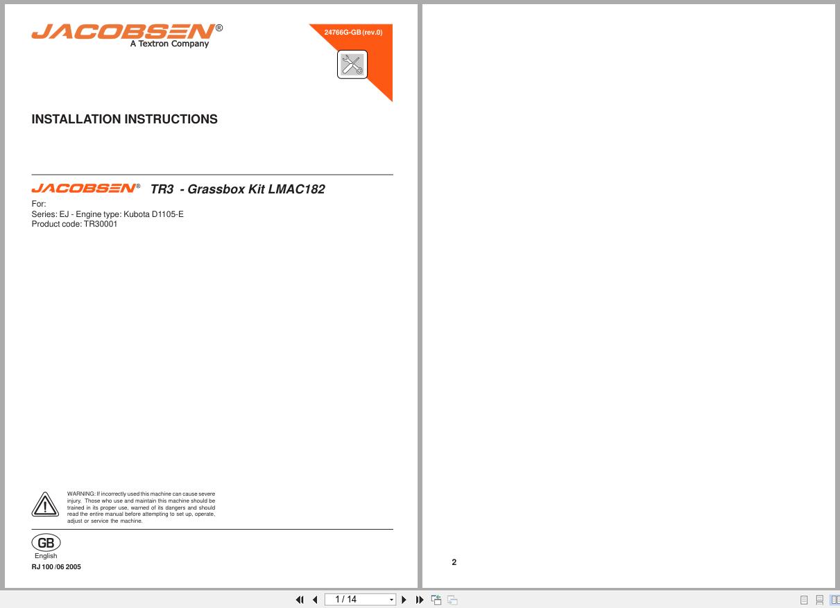 Jacobsen Mower TR 3 Grass Box Kit LMAC182 Installation Instruction 24766G GB 2005 (1)