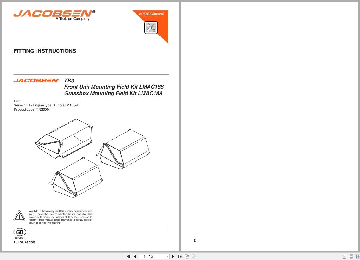 Jacobsen Mower TR 3 LMAC188 LMAC189 Fitting Instructions 24765G GB 2005 (1)
