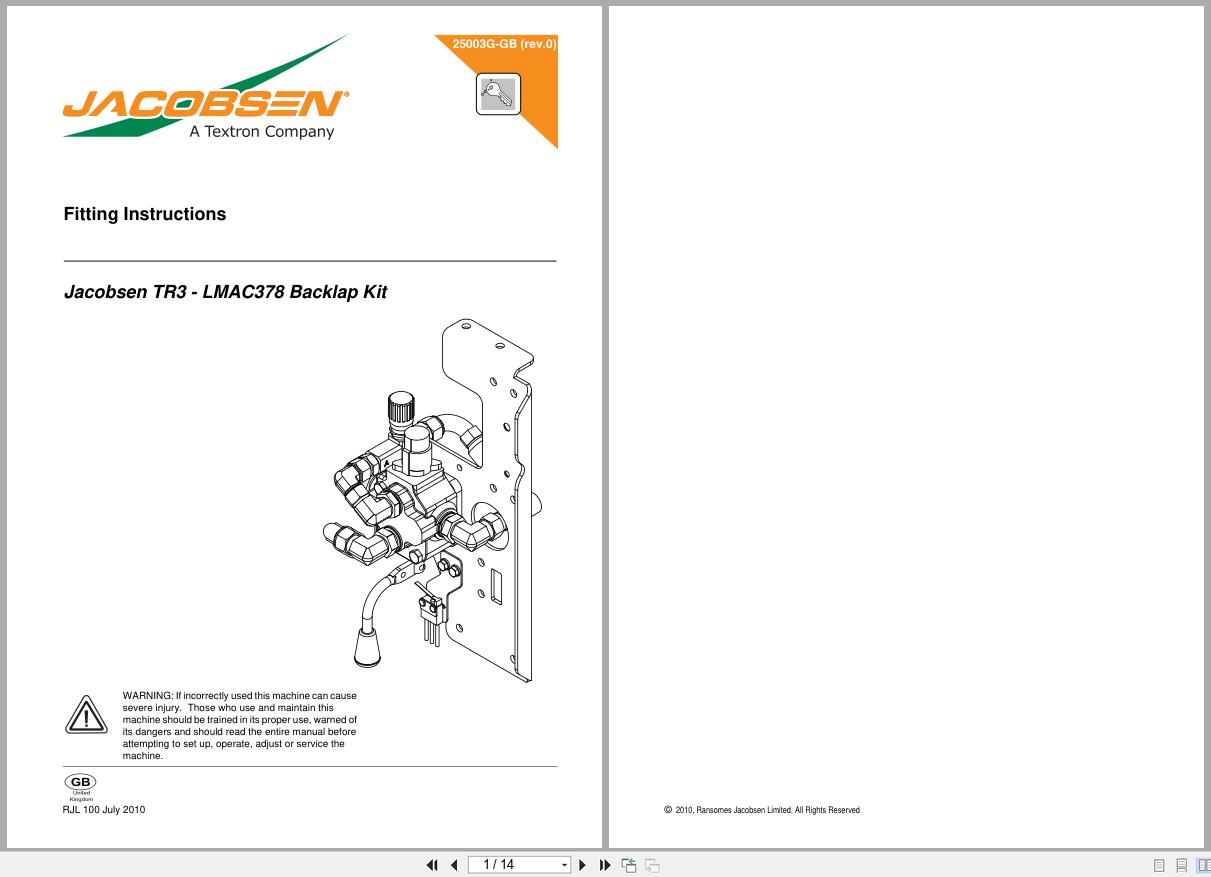 Jacobsen Mower TR 3 LMAC378 Backlap Kit Fitting Instruction Parts Manual 25003G GB 2010 (1)