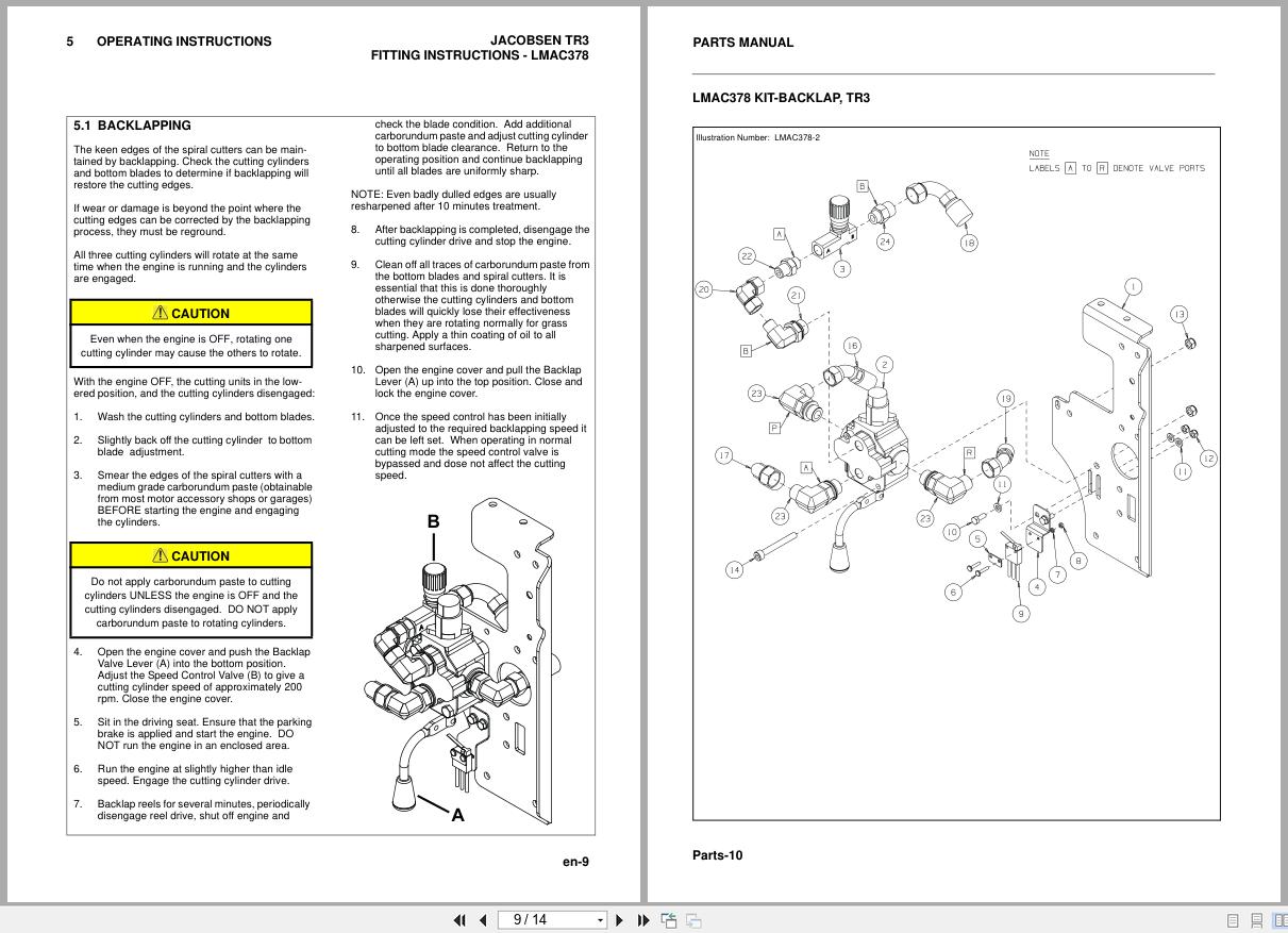 Jacobsen Mower TR 3 LMAC378 Backlap Kit Fitting Instruction Parts Manual 25003G GB 2010 (2)