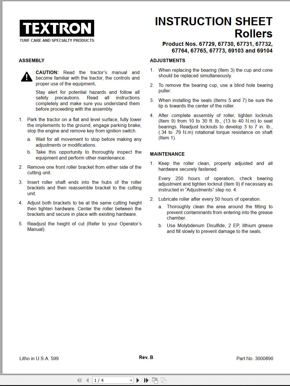 Jacobsen Mower TR320 TR330 Grooved Front Rolls Instruction Sheet 3000890 B 1996 (1)