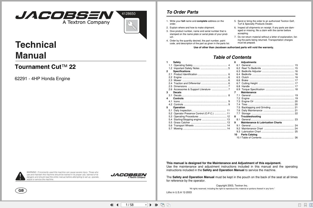 Jacobsen Mower Tournament Cut 22 Technical Manual 4128650 2003 (1)