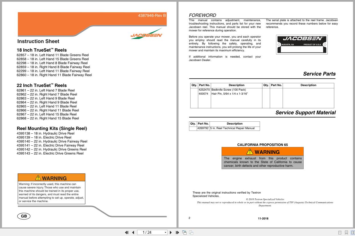Jacobsen Mower Trueset Reels SLF530 Instruction Sheet 4387946 B 2018 (1)