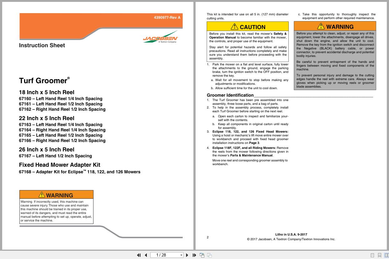Jacobsen Mower Turf Groomer SLF530 Instruction Sheet 4390977 A 2017 (1)