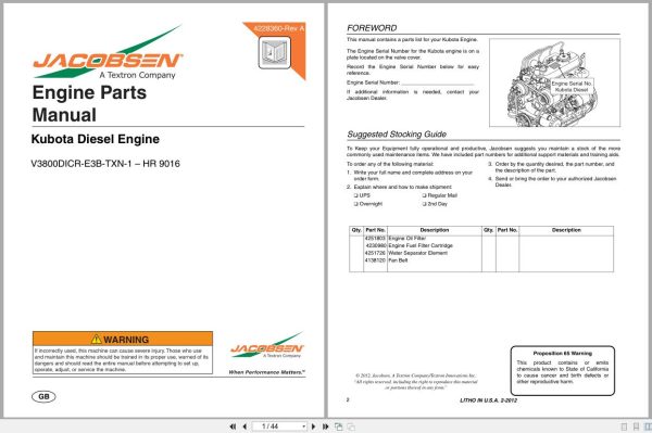 Jacobsen Mower V3800DICR E3B TXN 1 For HR 9016T Engine Parts Manual 4228360 A 2012 (1) Jacobsen Mower V3800Dicr E3B Txn 1 For Hr 9016T Engine Parts Manual 4228360 A 2012 (1)