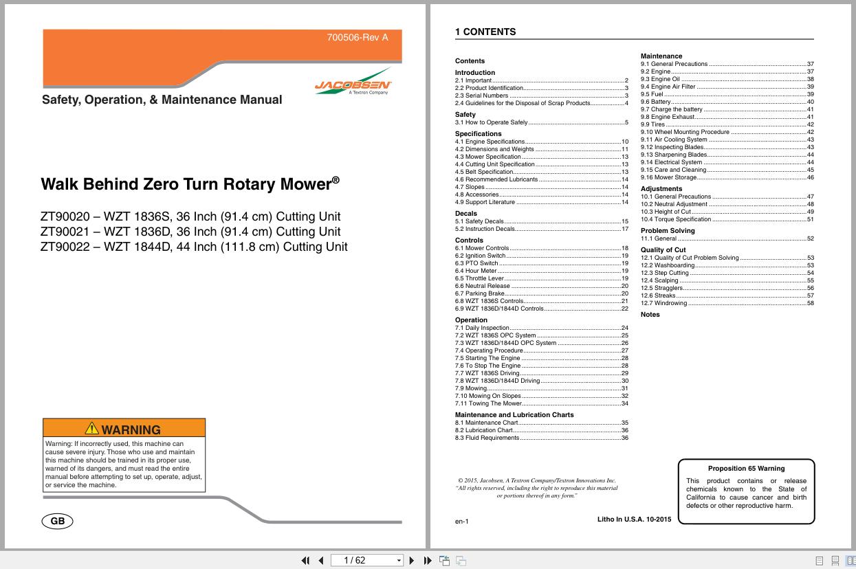 Jacobsen Mower WZT Pro Series Safety Operation Maintenance Manual 700506 A 2015 (1)