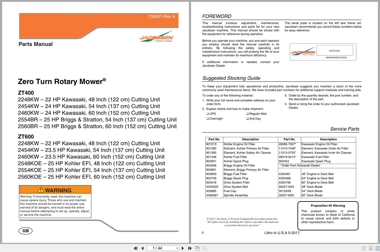 Jacobsen Mower ZT400 ZT600 Series Parts Manual 700607 A 2017 (1)
