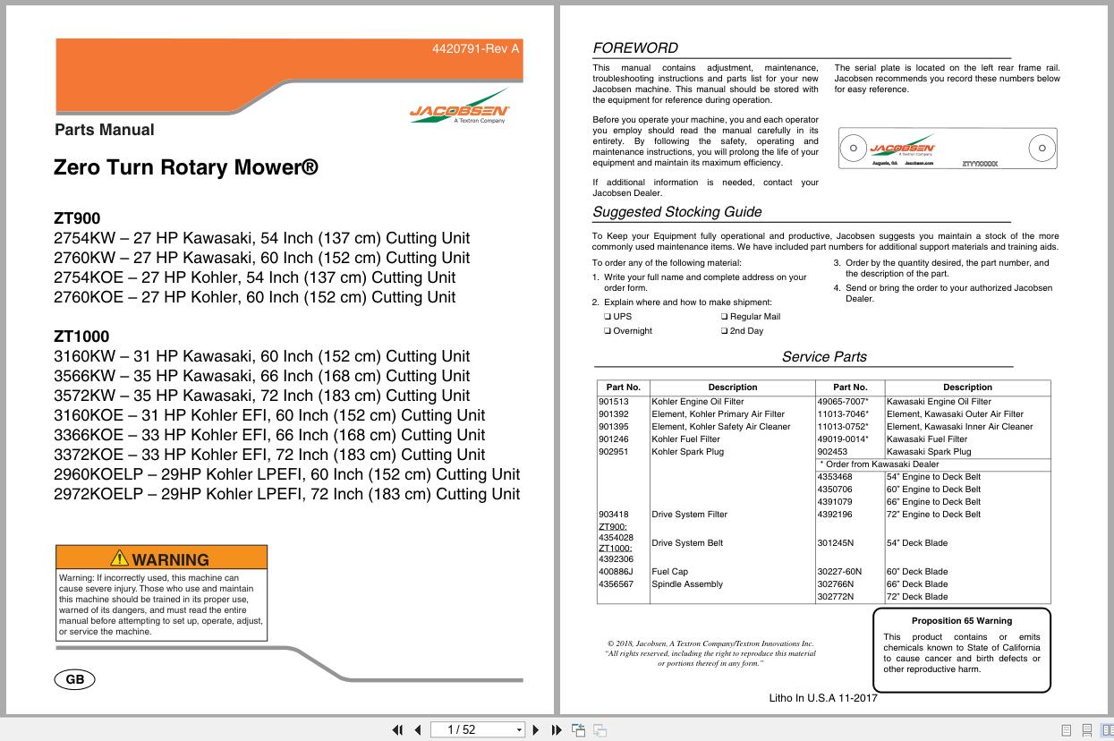 Jacobsen Mower ZT900 ZT1000 Series Parts Manual 4420791 2017 (1)