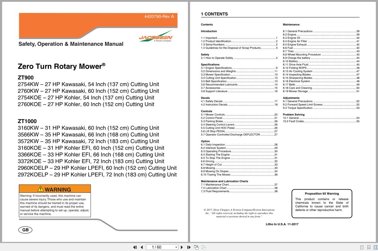 Jacobsen Mower ZT900 ZT1000 Series Safety Operation Maintenance Manual 4420790 2017 (1)