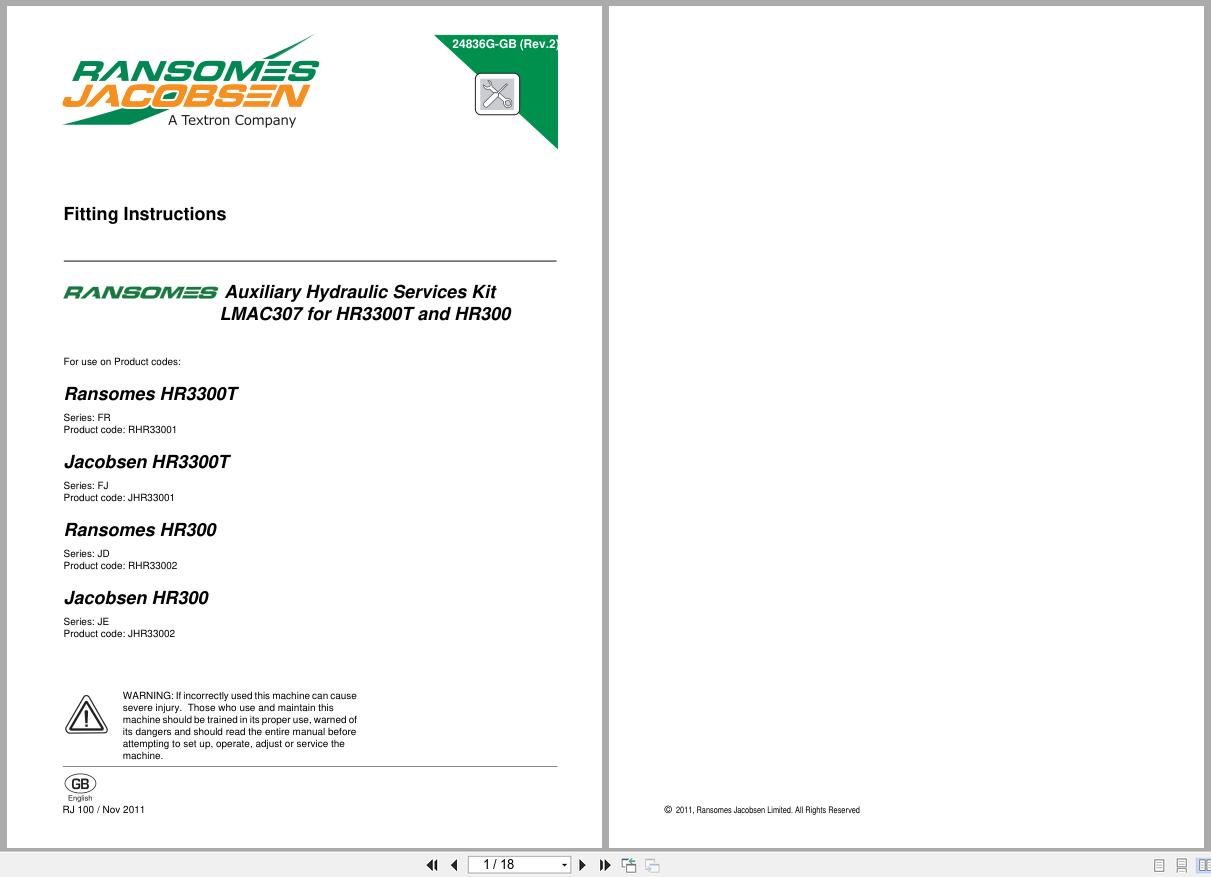 Jacobsen Ransomes Mower Auxiliary Hydraulic Services Kit LMAC307 Fitting Instruction 24836G R2 2011 (1)