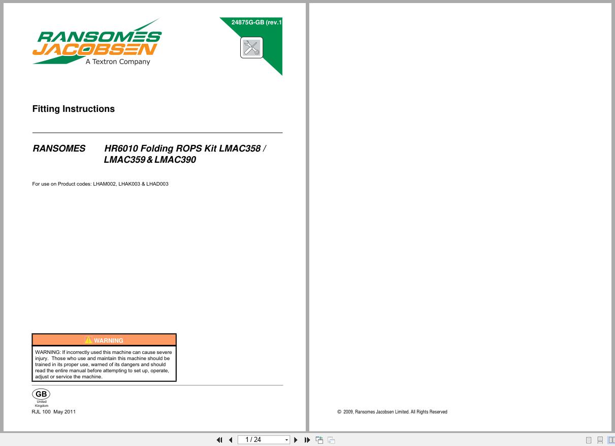 Jacobsen Ransomes Mower Folding Rops Kit LMAC358 LMAC359 LMAC390 Fitting Instructions 24875G GB R1 2009 (1)