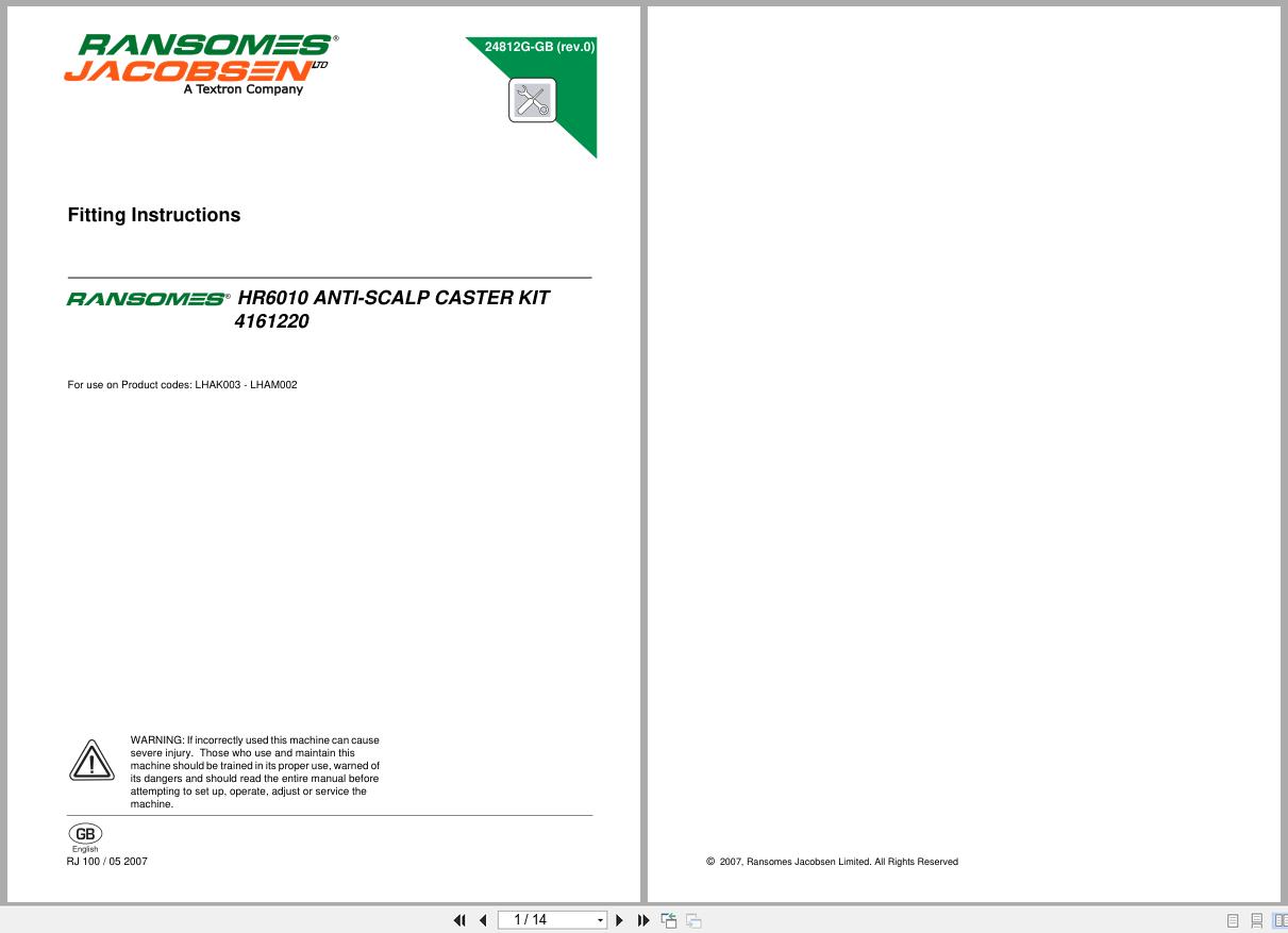 Jacobsen Ransomes Mower HR 6010 Anti Scalp Caster Kit 4161220 Fitting Instructions 24812G 2007 (1)