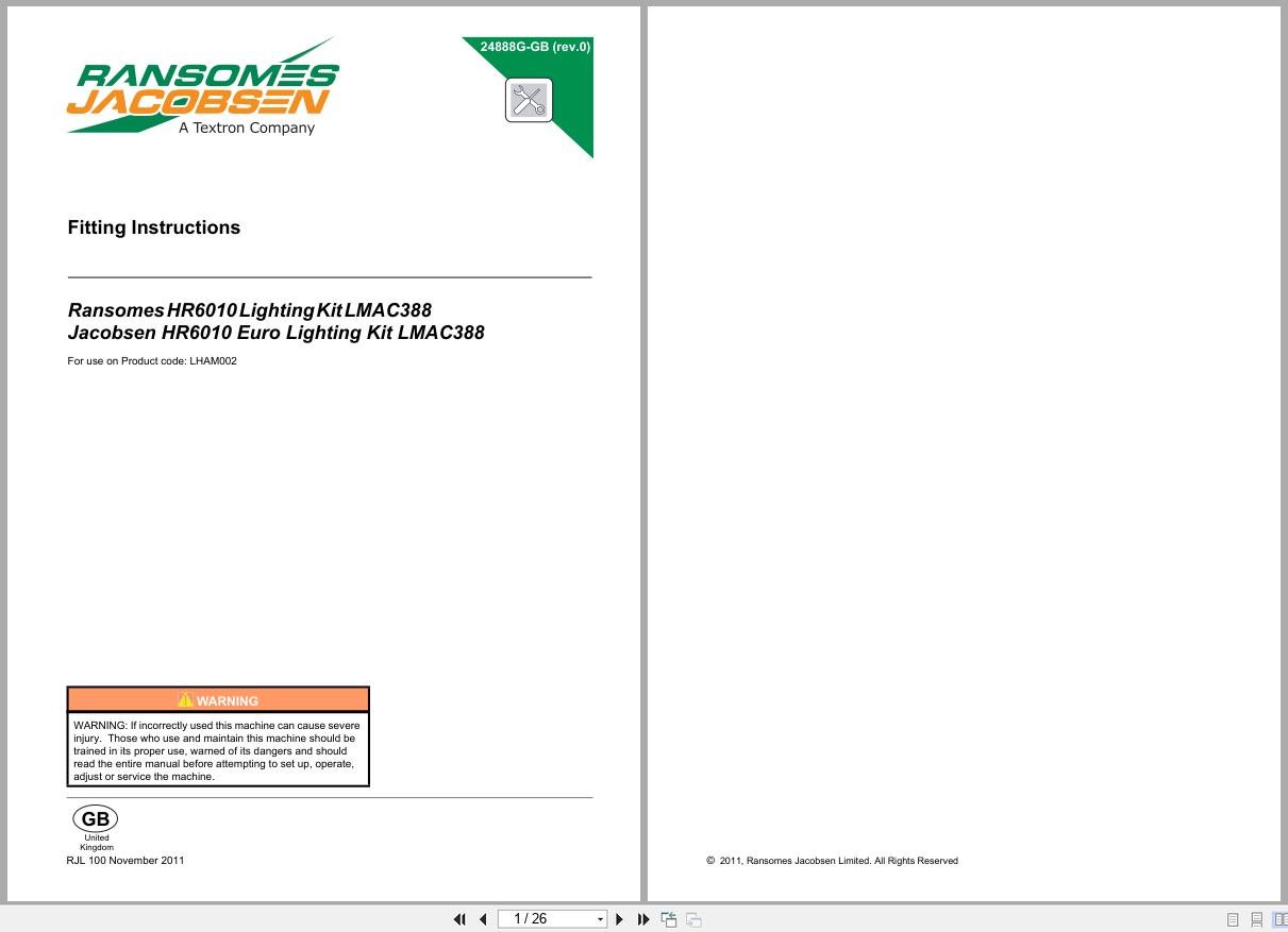 Jacobsen Ransomes Mower Lighting Kit LMAC388 For HR 6010 Fitting Instructions 24888G R0 2011 (1)