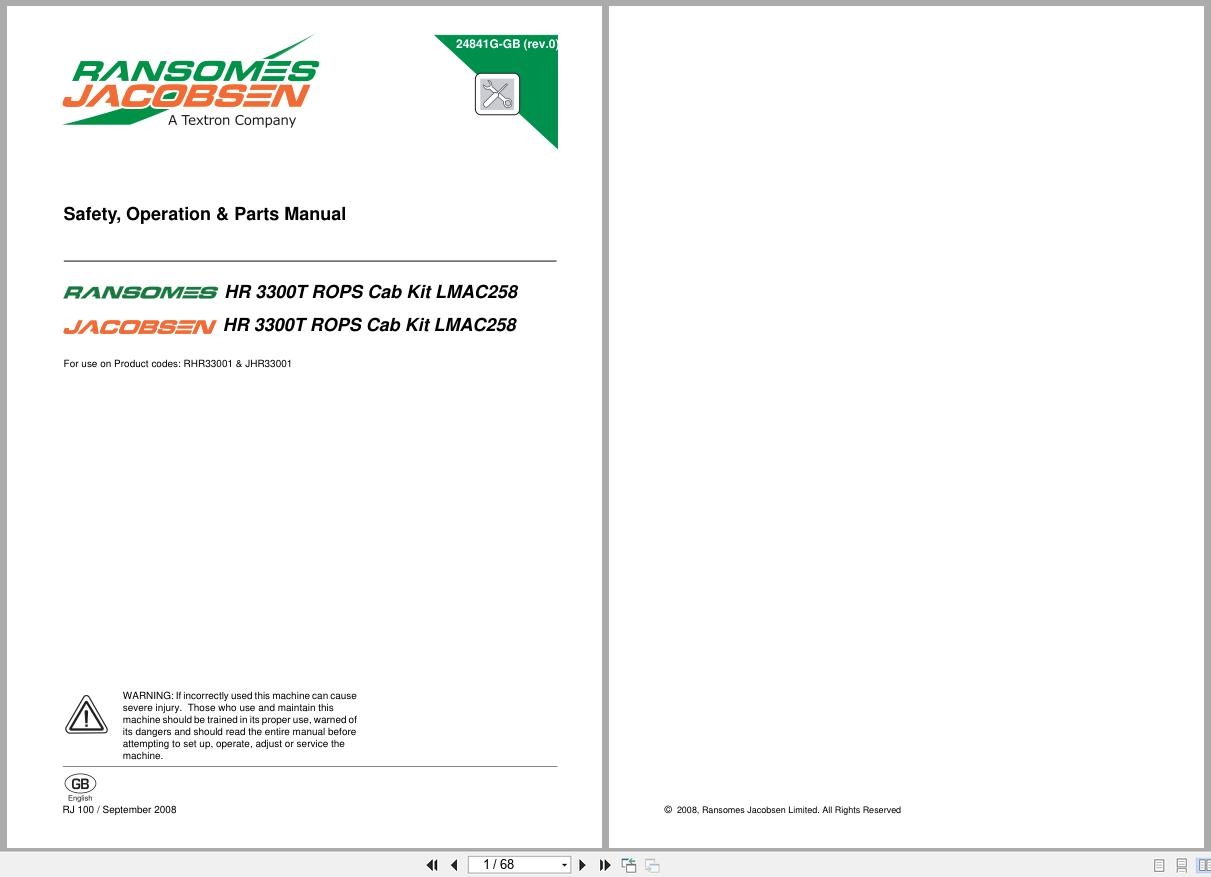 Jacobsen Ransomes Rotary Mower HR 3300T Rops Cab Kit LMAC258 Safety Operation Parts Manual 24841G 2008 (1)