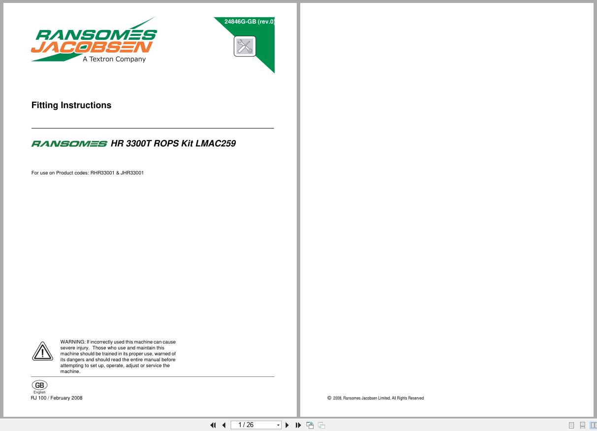 Jacobsen Ransomes Rotary Mower HR 3300T Rops Frame Kit LMAC259 Fitting Instructions 24846G 2008 (1)