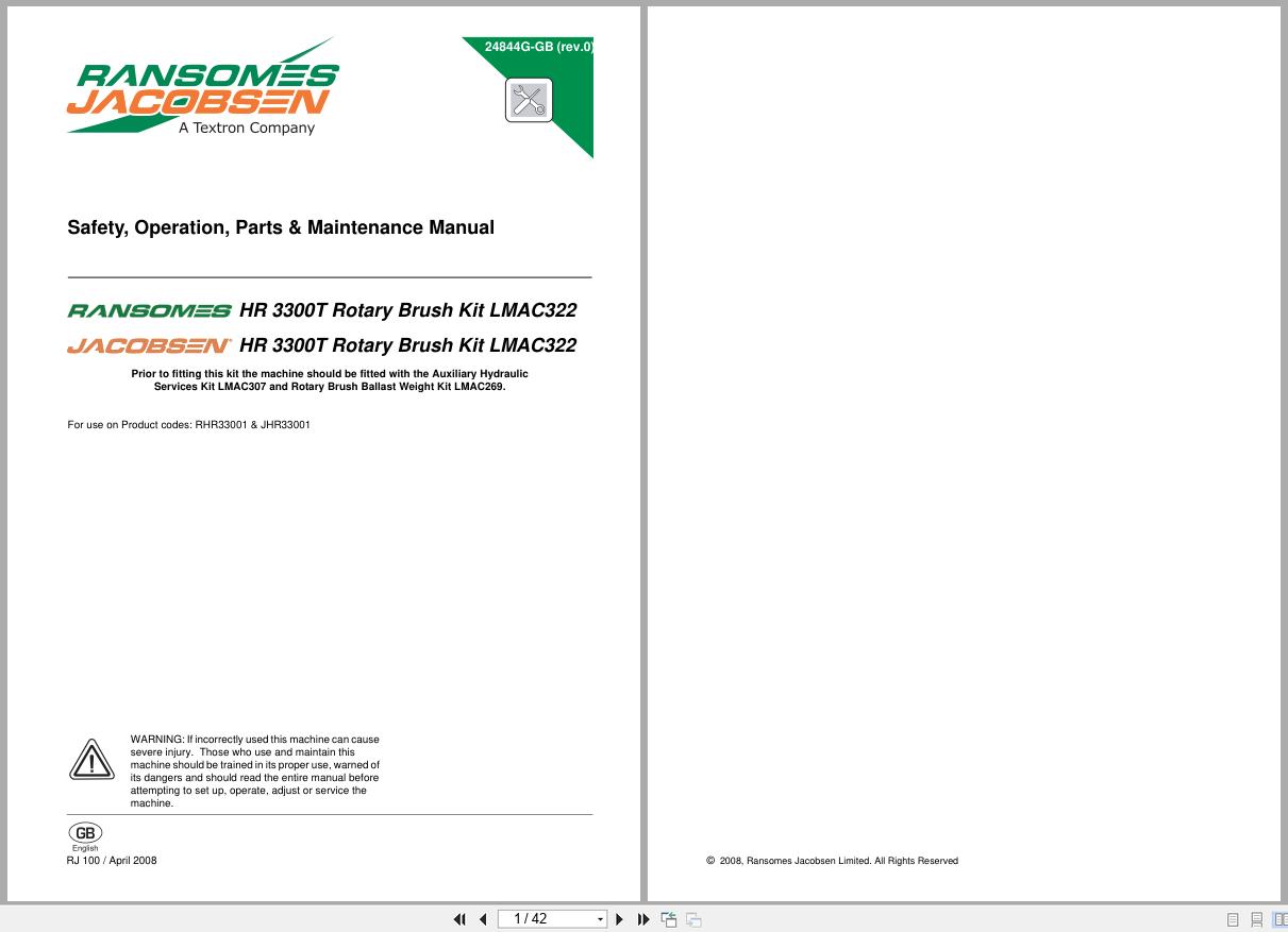 Jacobsen Ransomes Rotary Mower HR 3300T Rotary Brush Kit LMAC322 Safety Operation Parts Maintenance Manual 24844G 2008 (1)