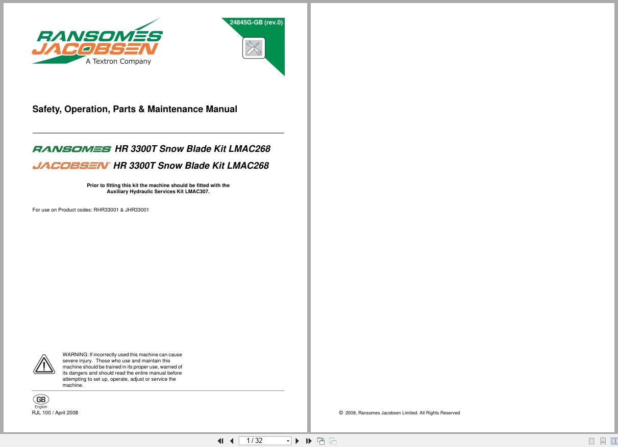 Jacobsen Ransomes Rotary Mower HR 3300T Safety Operation Maintenance Parts Manual 24845G GB 2008 (1)