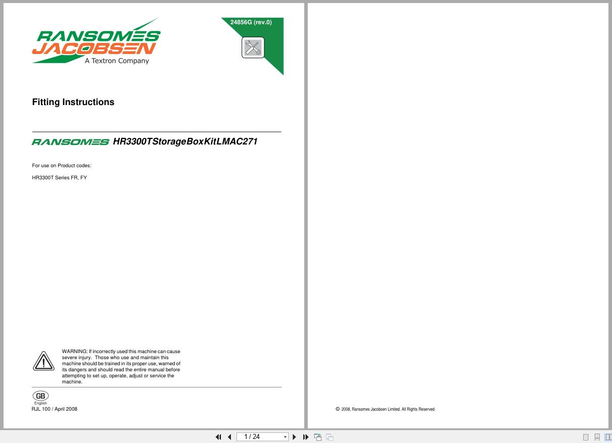 Jacobsen Ransomes Rotary Mower HR 3300T Storage Box Kit LMAC271 Fitting Instructions 24856G 2008 (1)