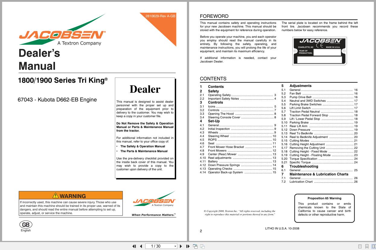 Jacobsen Reel Mower 1800 1900 Series Tri King Dealer Manual 2810629 2008 (1)
