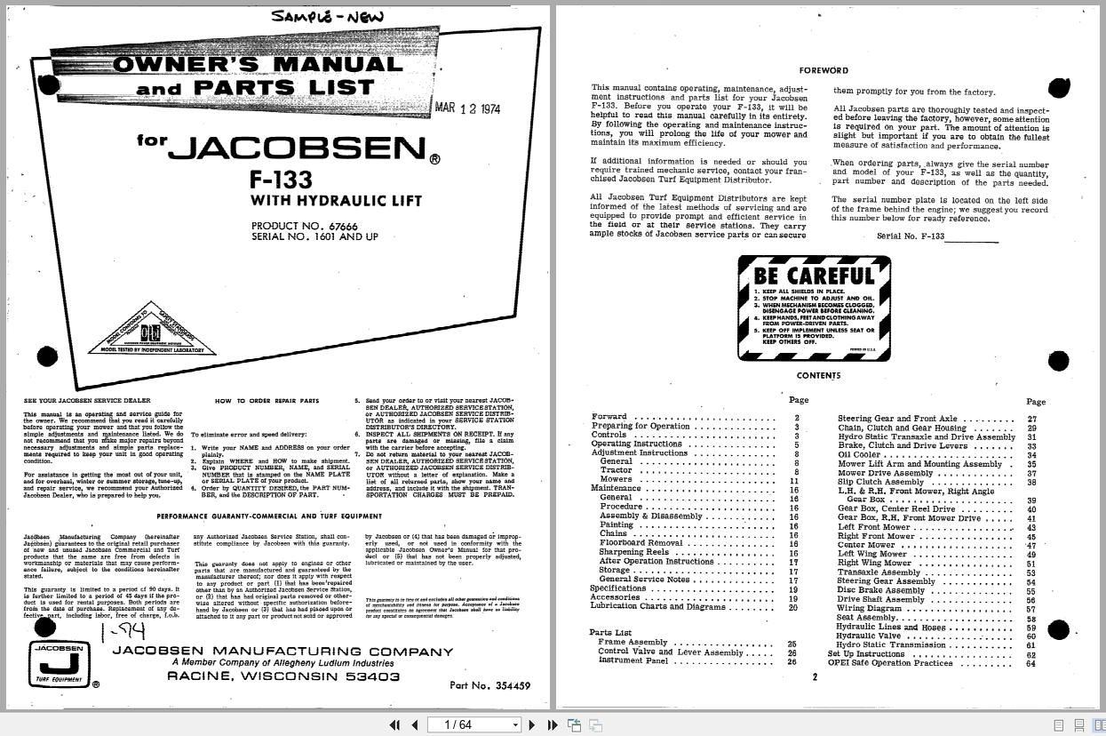 Jacobsen Reel Mower F 133 Operators Parts Manual 354459 1974 (1)
