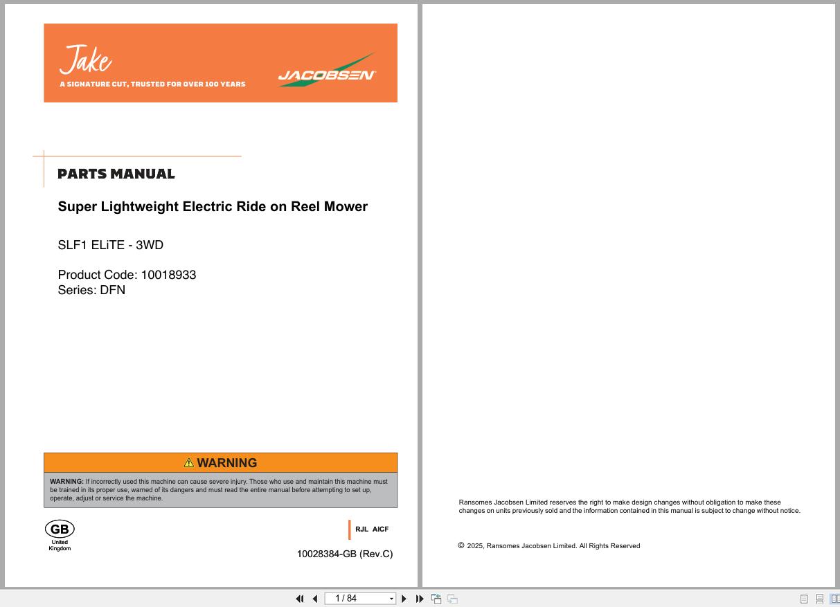 Jacobsen Reel Mower SLF1 ELiTE 3WD Parts Manual 10028384 C 2025 (1)