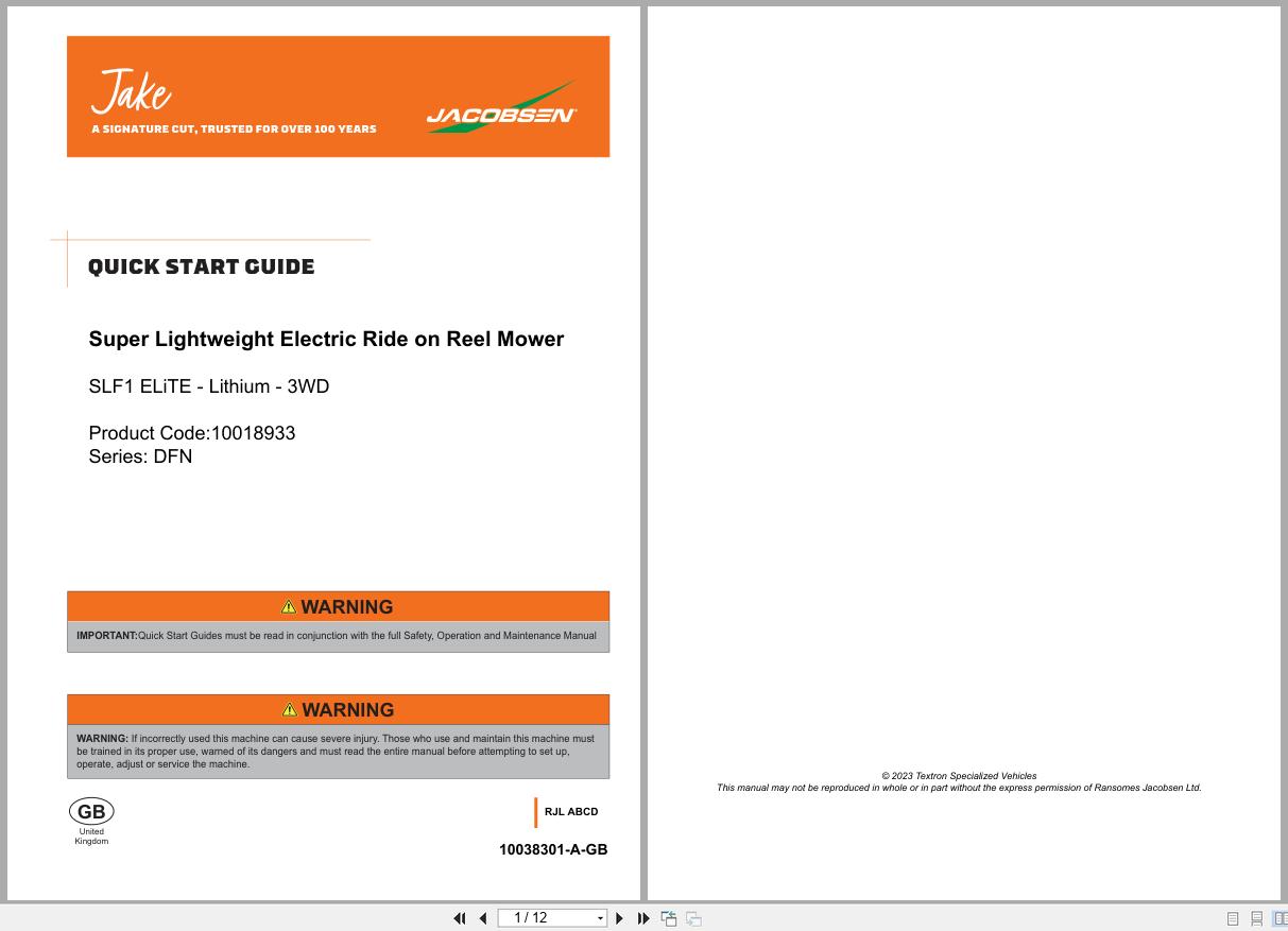 Jacobsen Reel Mower SLF1 ELiTE Quick Start Owners Guide 10038301 2023 (1)