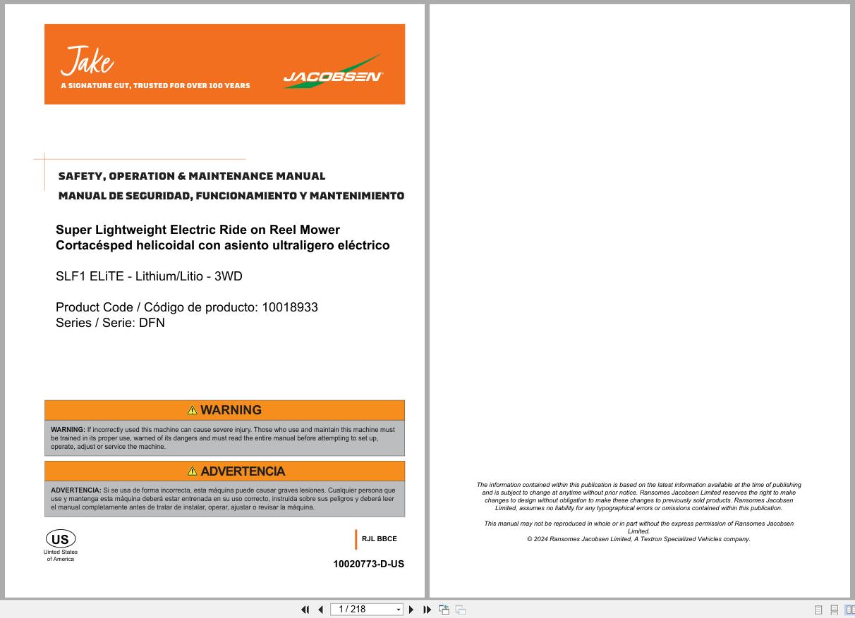 Jacobsen Reel Mower SLF1 ELiTE Safety Operation Maintenance Manual 10020773 2024 (1)