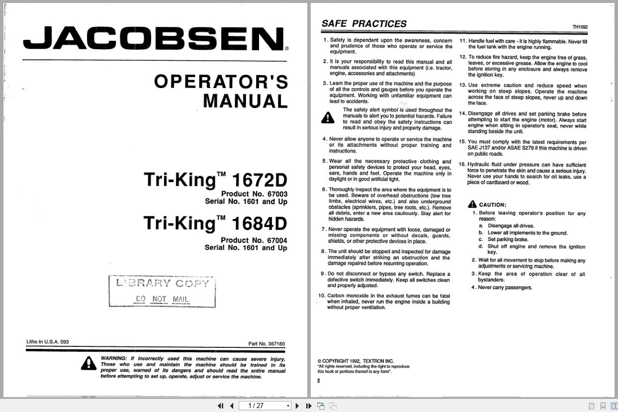 Jacobsen Reel Mower Tri King 1672D 1684D Operation Manual 367180 1992 (1)