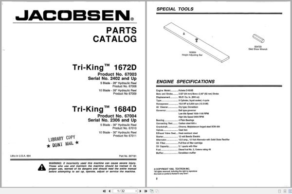 Jacobsen Reel Mower Tri King 1672D 1684D Parts Catalogue 367181 1992 (1) Jacobsen Reel Mower Tri King 1672D 1684D Parts Catalogue 367181 1992 (1)