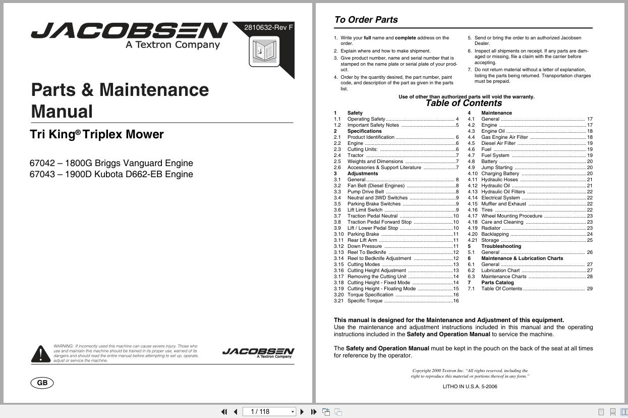 Jacobsen Reel Mower Tri King 1800G 1900D Parts Maintenance Manual 2810632 F (1)