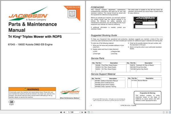 Jacobsen Reel Mower Tri King 1900D Parts Maintenance Manual 2810632 2008 (1)