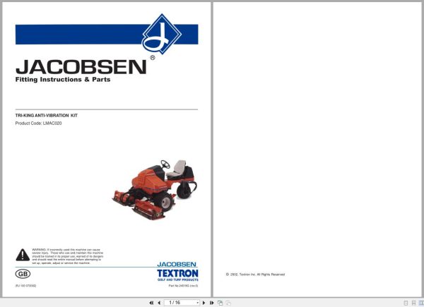 Jacobsen Reel Mower Tri King Anti Vibration Kit LMAC020 Fitting Instruction Parts 24519G 2002 (1) Jacobsen Reel Mower Tri King Anti Vibration Kit Lmac020 Fitting Instruction Parts 24519G 2002 (1)