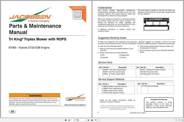 Jacobsen Reel Mower Tri King Parts Maintenance Manual 4189623 C (1) Jacobsen Reel Mower Tri King Parts Maintenance Manual 4189623 C (1)