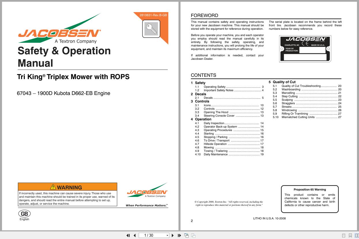 Jacobsen Reel Mower Tri King Safety Operation Manual 2810631 2008 (1)