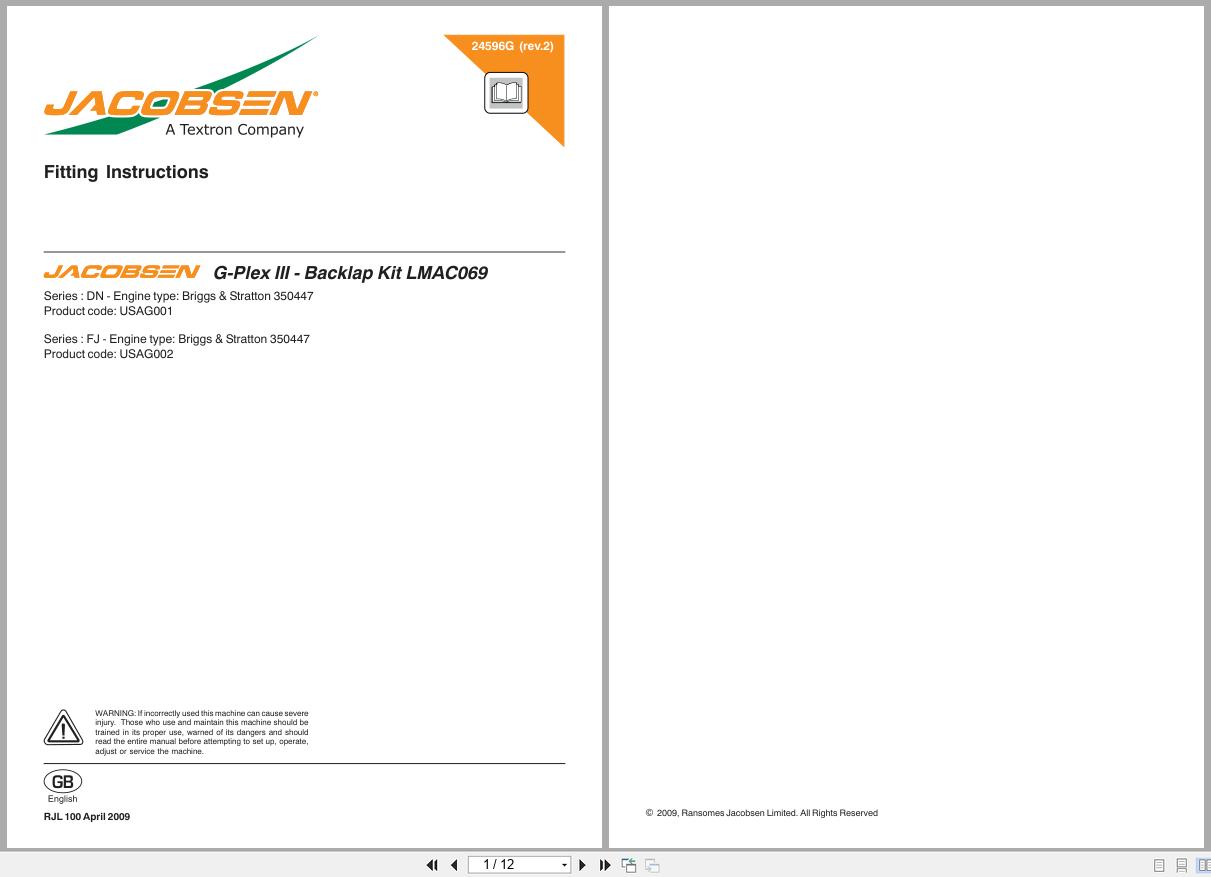 Jacobsen Ride On Reel Greens Mower G Plex III Backlap Kit LMAC069 Fitting Instructions 24596GR2 2009 (1)