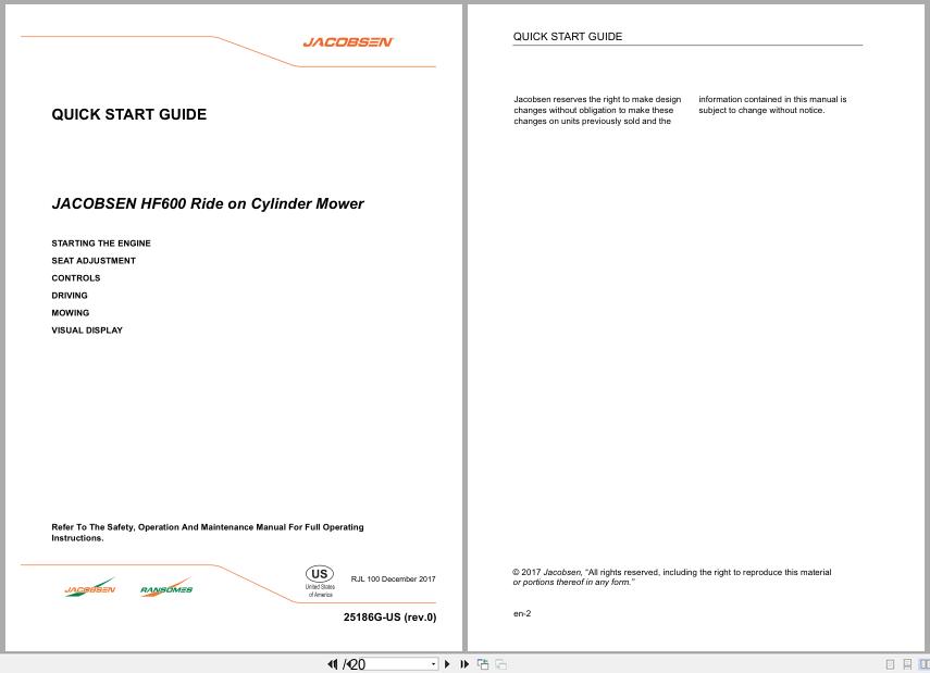 Jacobsen Ride on Cylinder Mower HF600 Quick Start Owners Guide 25186G 2017 (1)