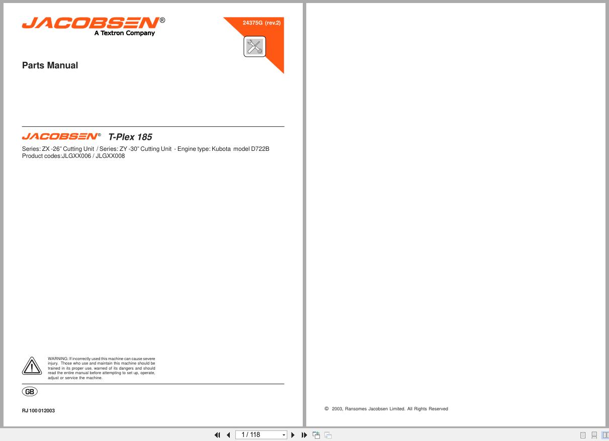 Jacobsen Ride on Mower T Plex 185 Parts Manual 24375GR2 (1)
