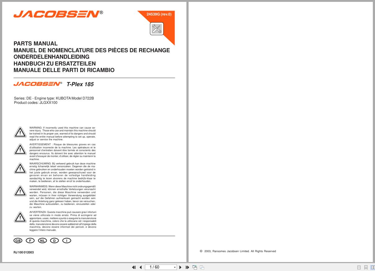 Jacobsen Ride on Mower T Plex 185 Parts Manual 24539GR0 (1)