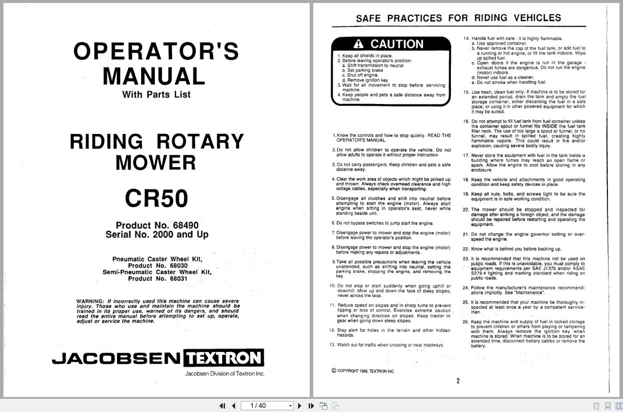Jacobsen Riding Rotary Mower CR50 Operators Manual And Parts List 364035 1086 1986 (1)