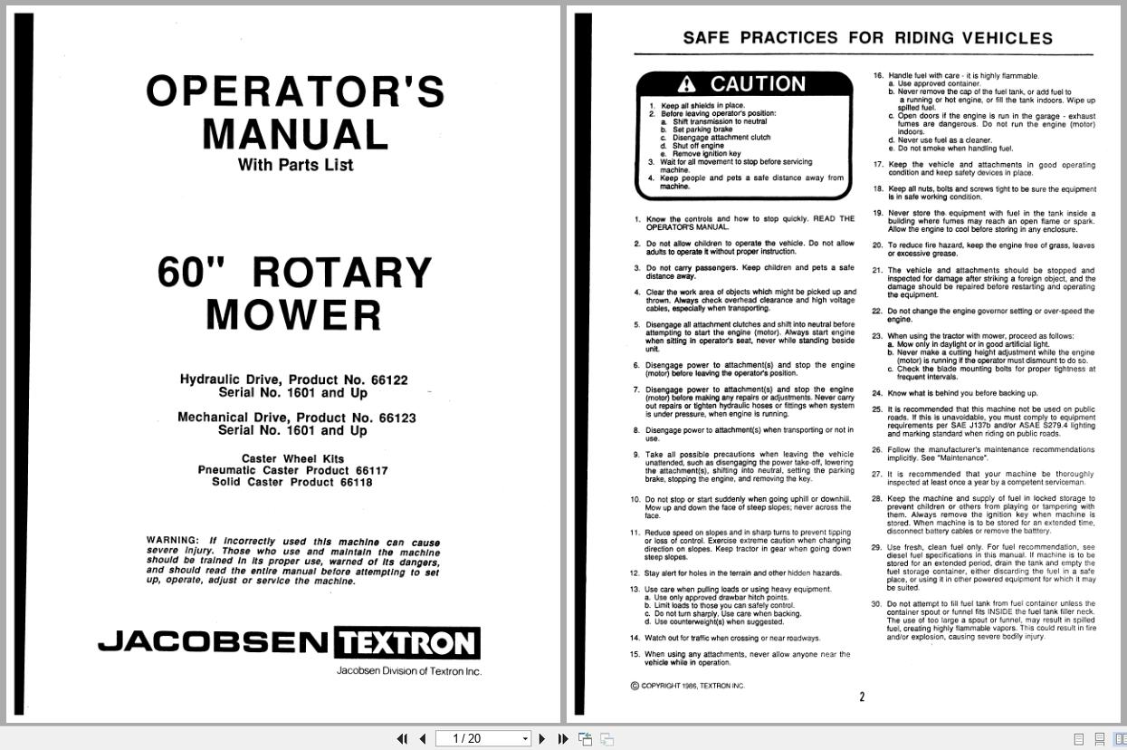 Jacobsen Rotary Mower 60 Operators Manual Parts List 363864 (1)