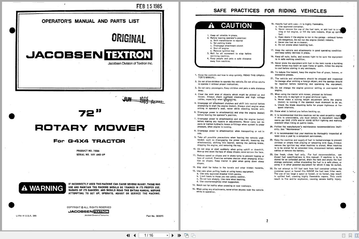 Jacobsen Rotary Mower 72 G 4x4 Tractor Operators Parts Manual 363075 1985 (1)