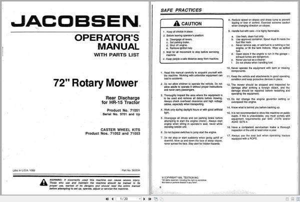 Jacobsen Rotary Mower 72 Rear Discharge For Tractor HR 15 Operators Parts Manual 363534 1989 (1) Jacobsen Rotary Mower 72 Rear Discharge For Tractor Hr 15 Operators Parts Manual 363534 1989 (1)