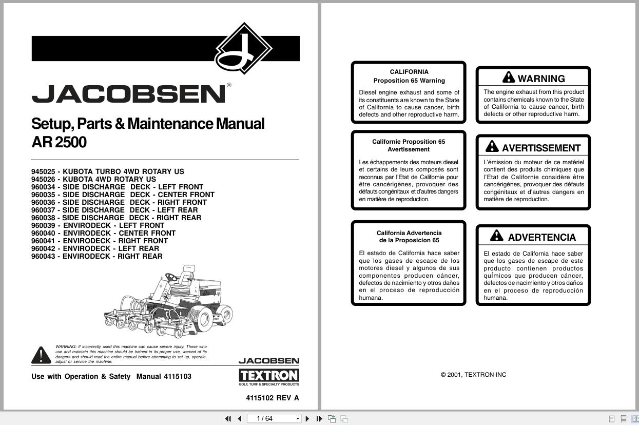 Jacobsen Rotary Mower AR 2500 Setup Parts Maintenance Manual 4115102 2001 (1)
