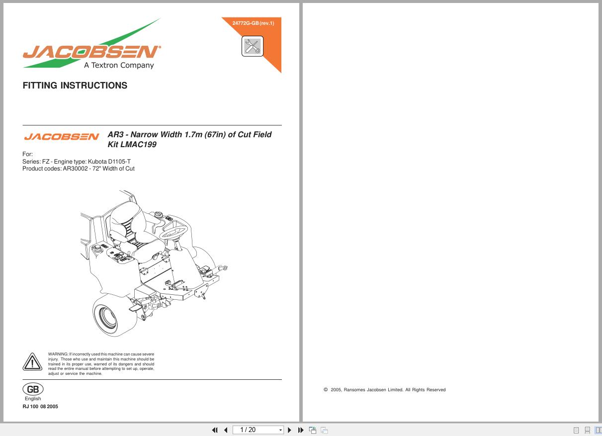 Jacobsen Rotary Mower AR 3 1.7m Width Of Cut Field Kit Fitting Instructions 24772G R1 GB 2005 (1)