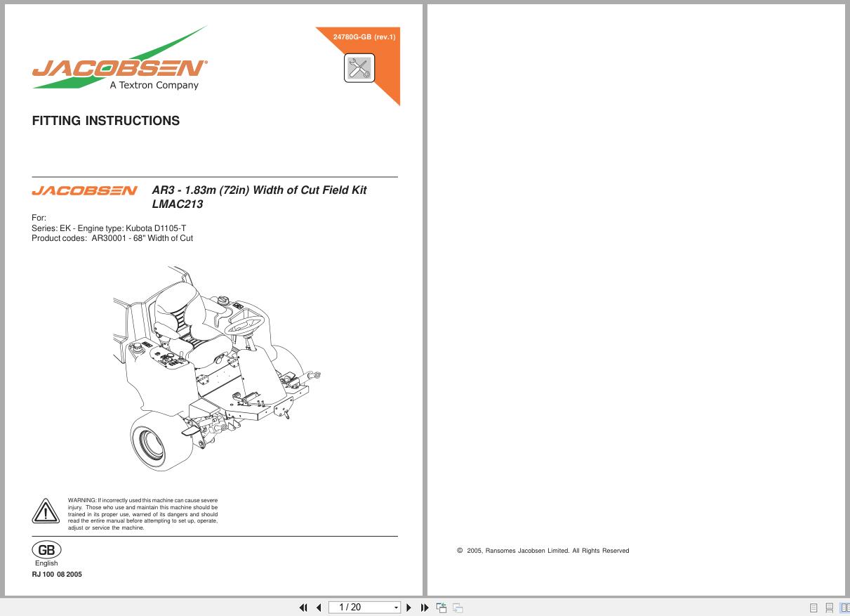 Jacobsen Rotary Mower AR 3 1.83m Width Of Cut Field Kit Fitting Instructions 24780g R1 GB 2005 (1)