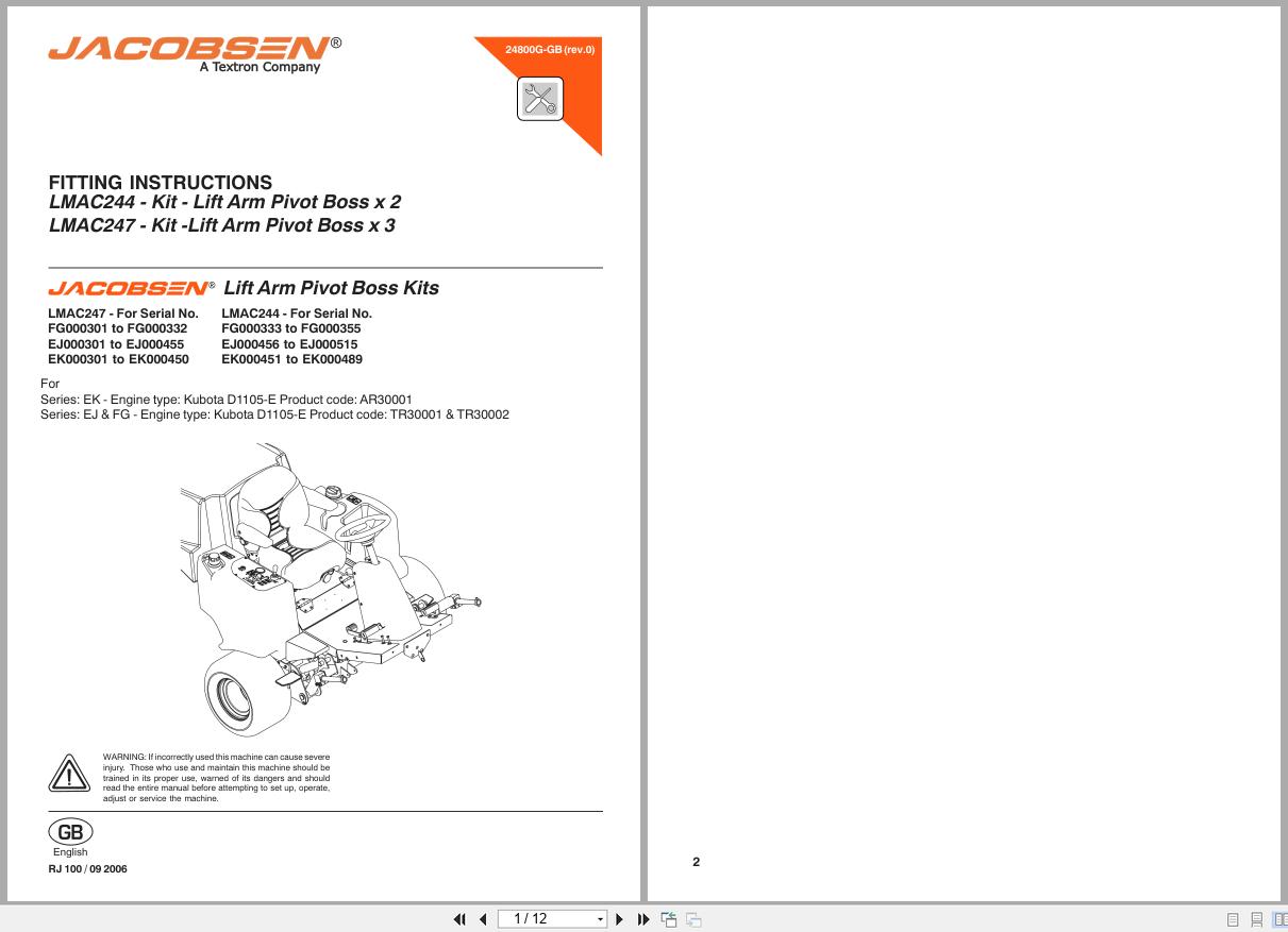 Jacobsen Rotary Mower AR 3 Lift Arm Pivot Boss Kit Fitting Instructions 24800G GB 2006 (1)