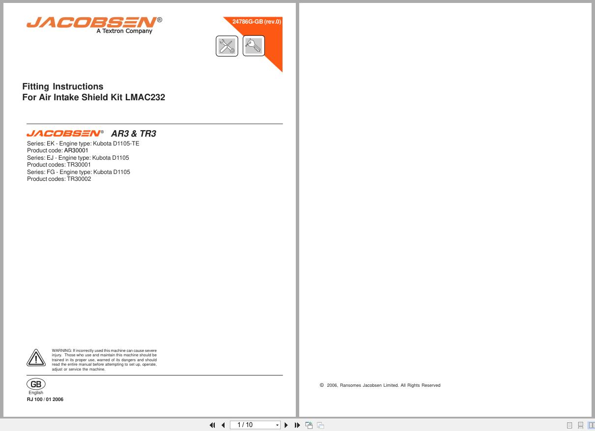 Jacobsen Rotary Mower AR 3 TR 3 Air Intake Shield Kit LMAC232 Fitting Instructions 24786G GB R0 2006 (1)